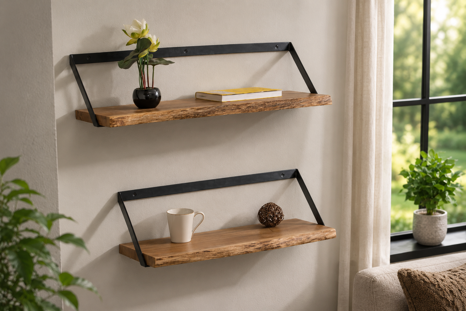 Industrial Trapezoid Bracket Live Edge Shelves